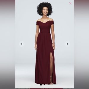 David’s Bridal Wine Off The Shoulder Lace and Mesh Bridesmaid Dress